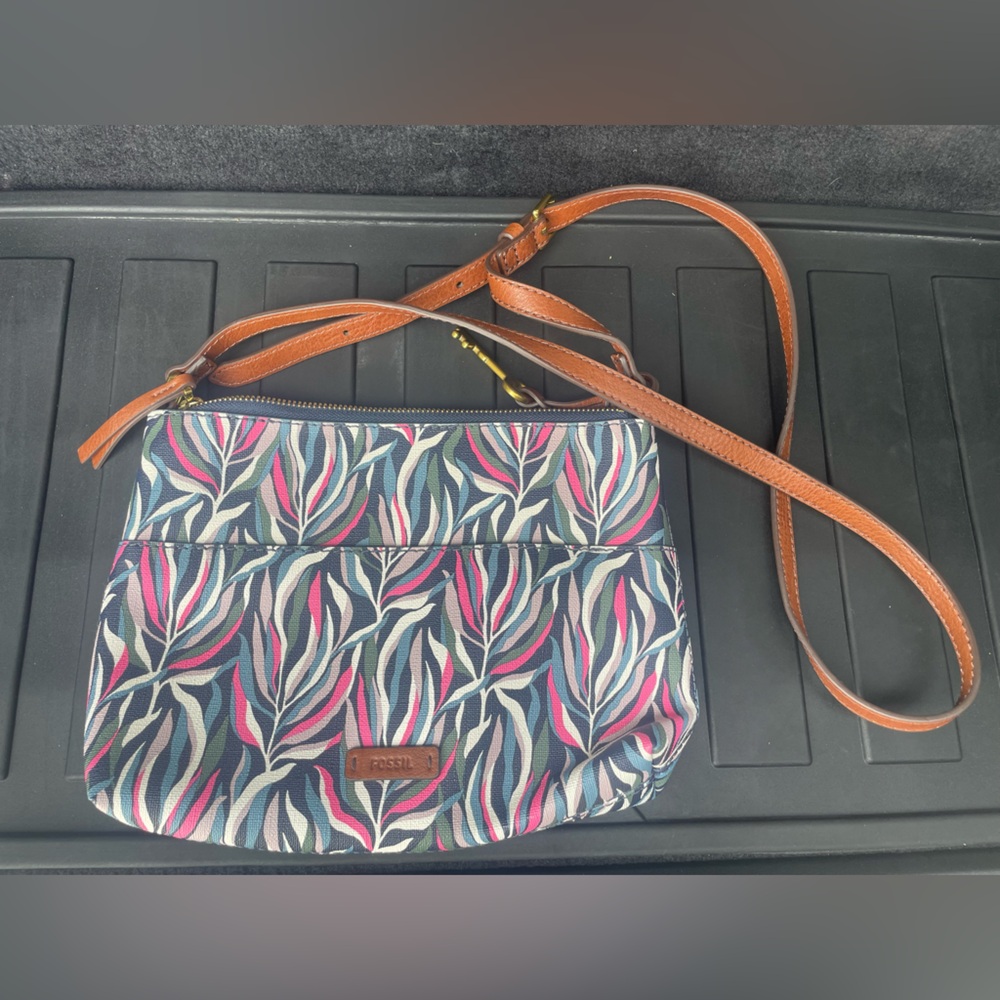 Fossil Navy Floral Leaf Crossbody with Brown Strap
